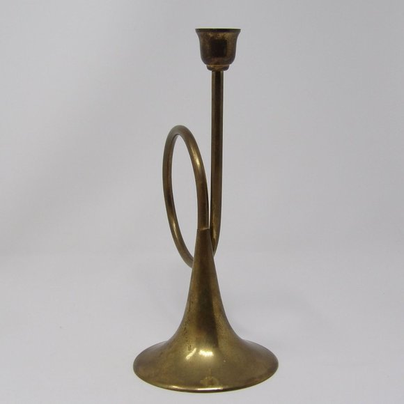 Vintage Brass French Horn Candle Stick Holder 9" H x 4 1/2" W - Picture 2 of 10